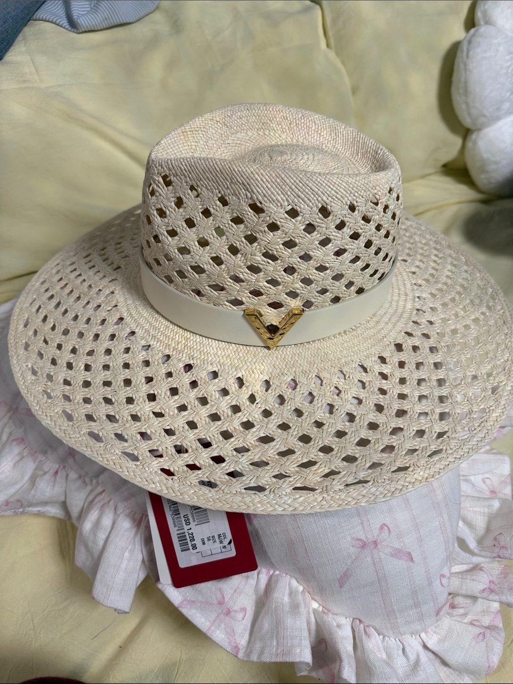 Valentino Garavani Cream Braided Straw Sun Hat with Gold V Accent